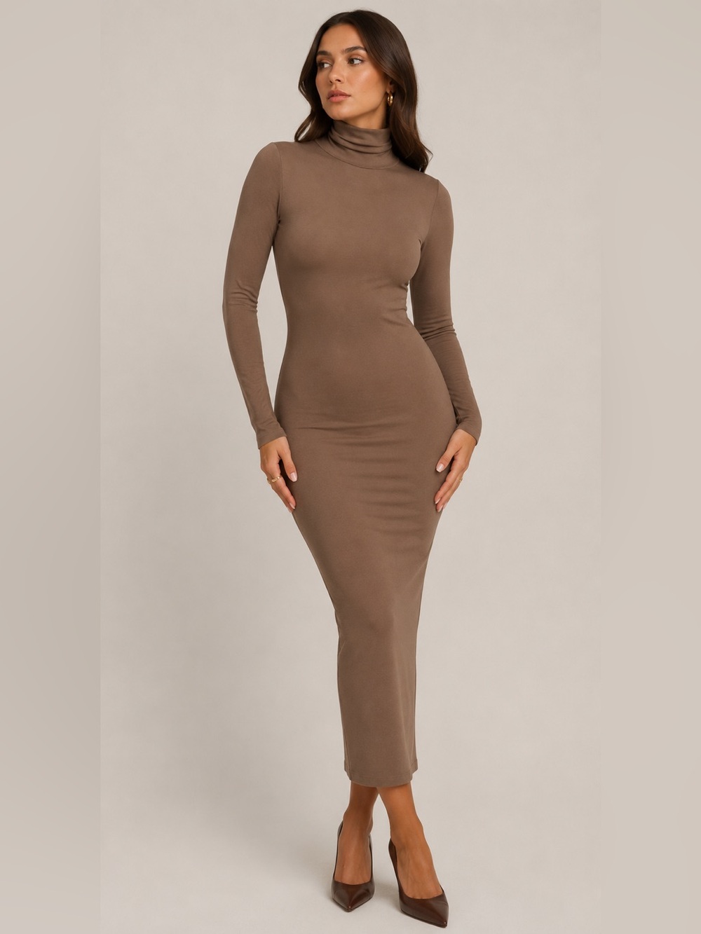 Naked Wardrobe NW Turtleneck Long Sleeve Midi Dress Medium Brown